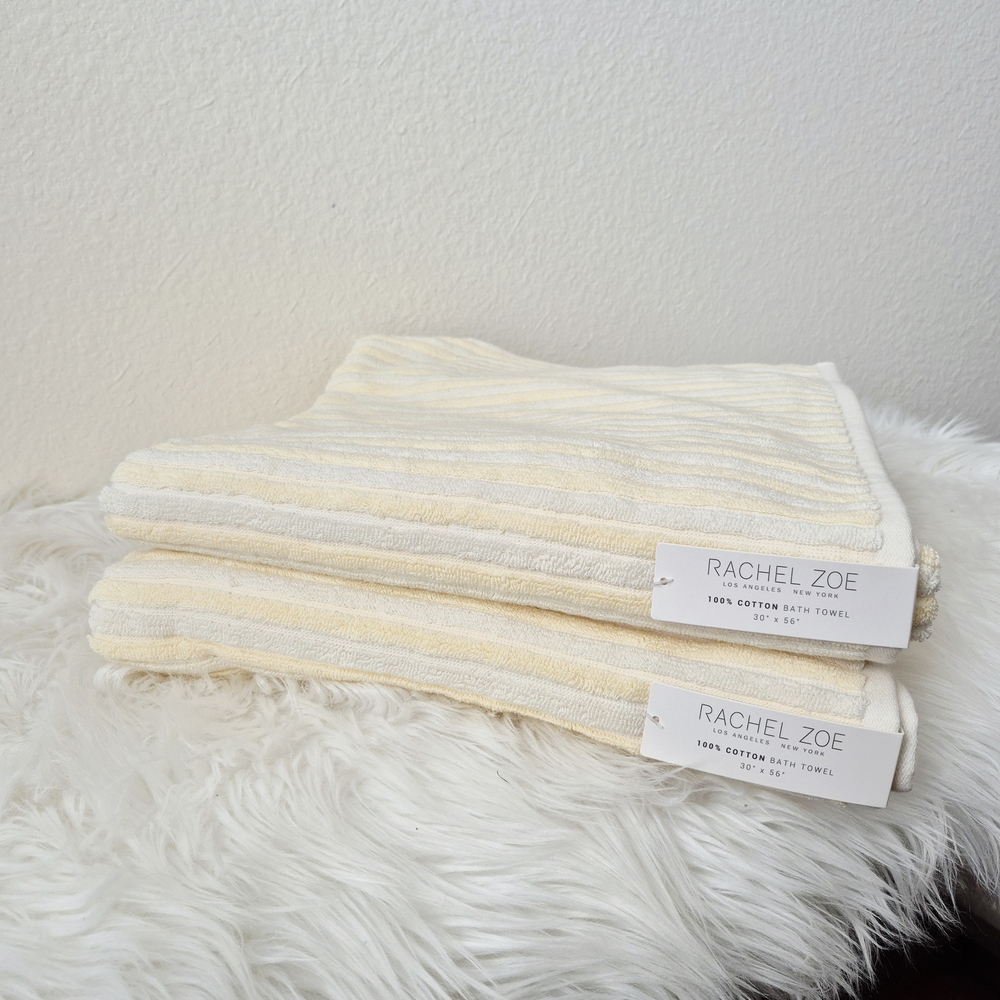 2pc Rachel Zoe Bath Towel set 100% cotton Yellow & cream striped